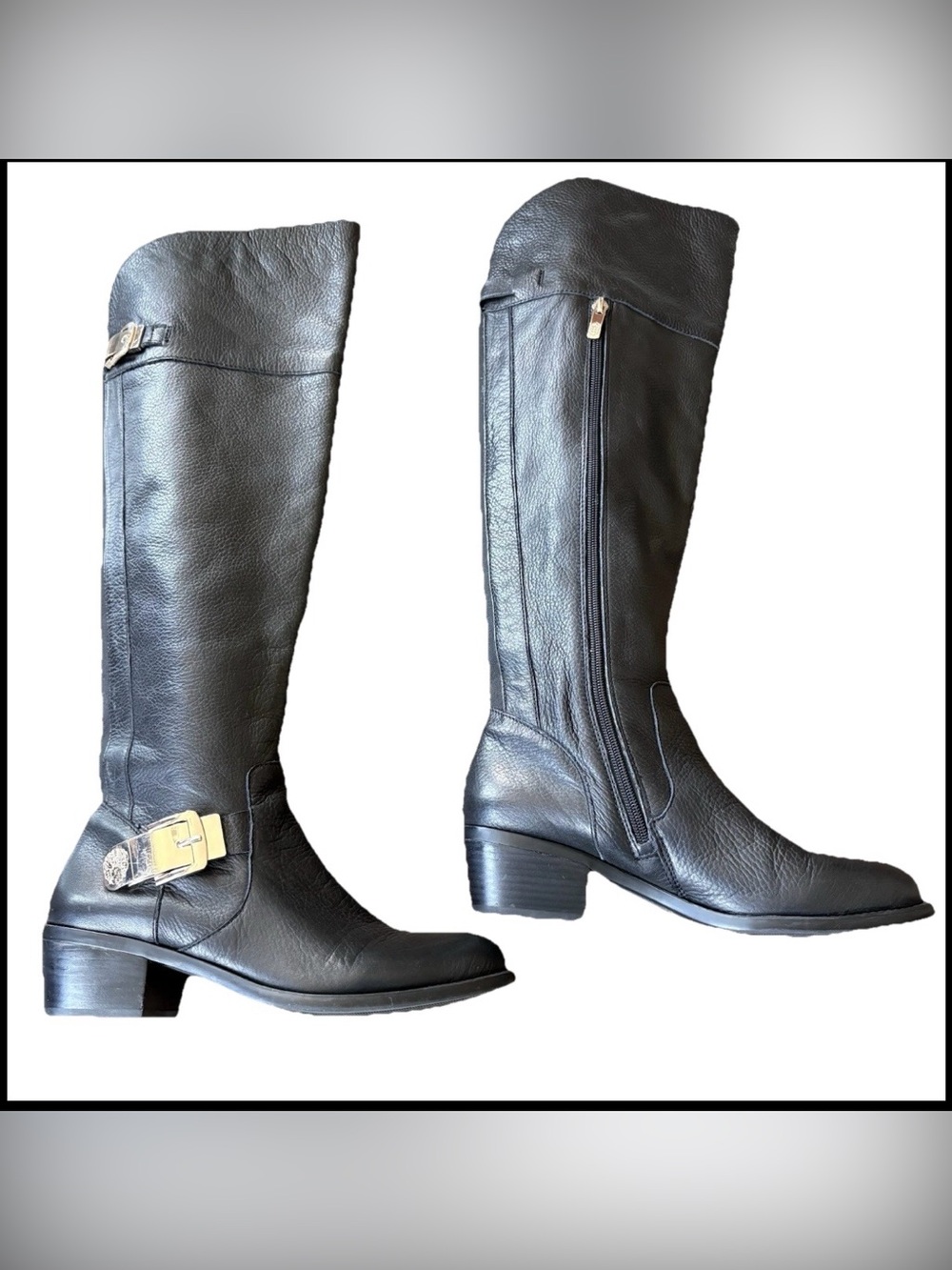 Vince Camuto Women’s 8.5M Black Leather Knee High Riding Boots Side‎ Zip Buckle